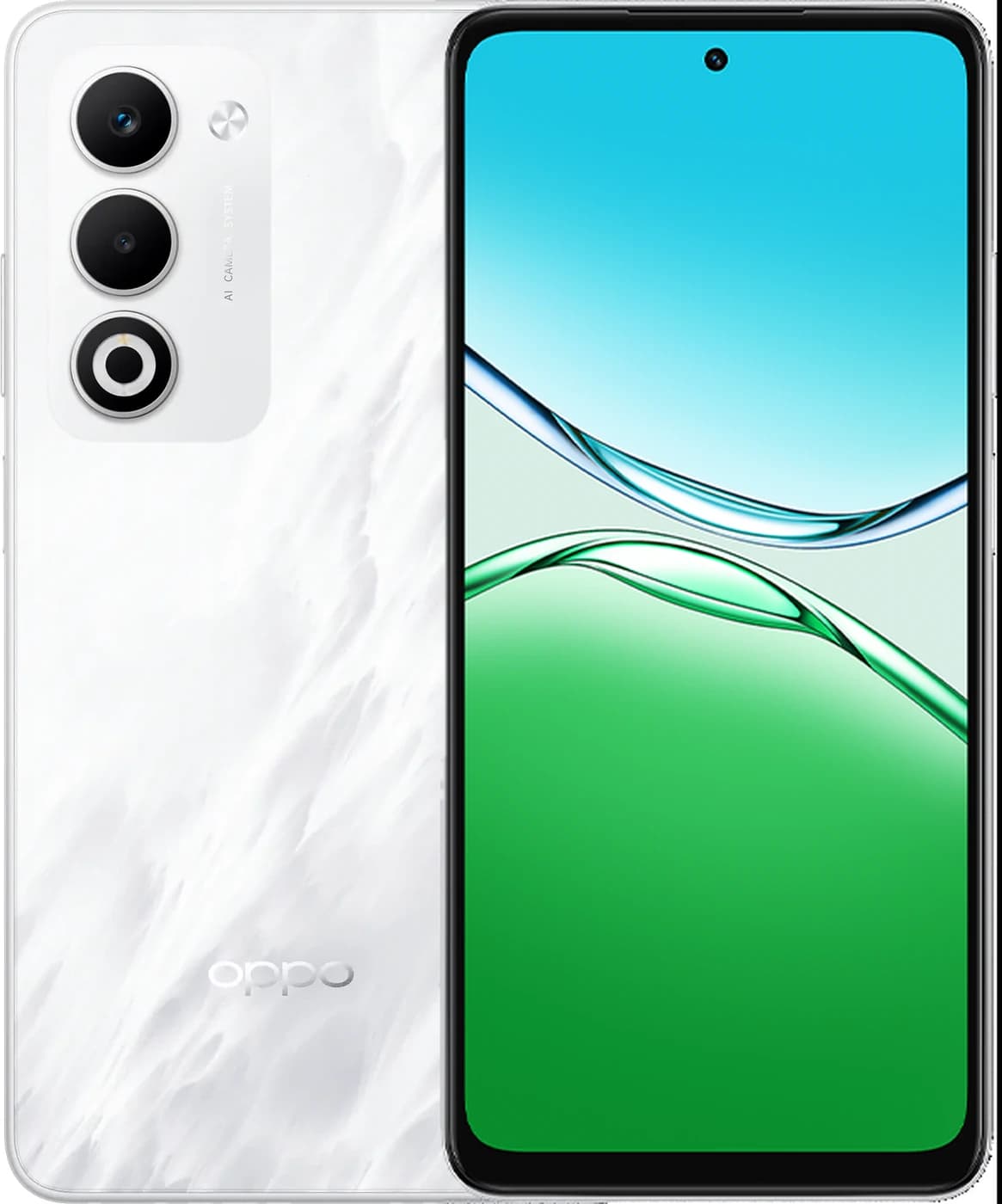 Oppo A5 Mist White Oppo A5 in Mist White, front and back view