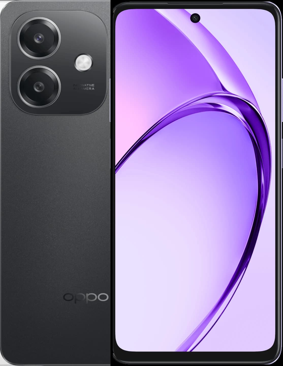 Oppo A3 Sparkle Black Oppo A3 in Sparkle Black, front and back view