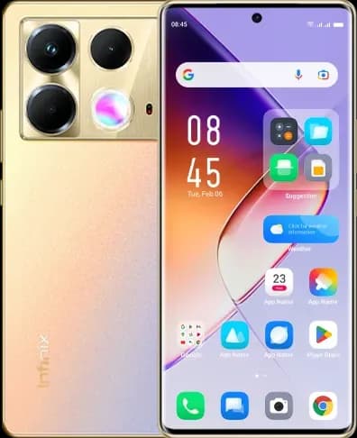Infinix Note 40 in Titan Gold, front and back view