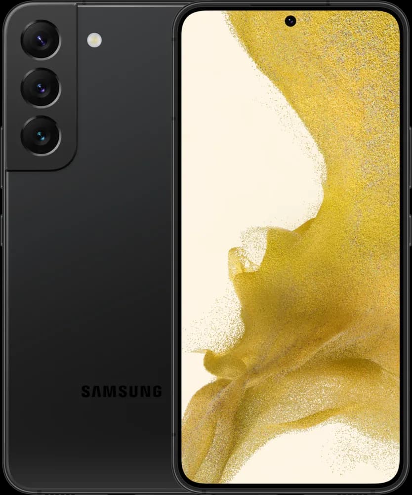 Samsung Galaxy S22 in Phantom Black, front and back view