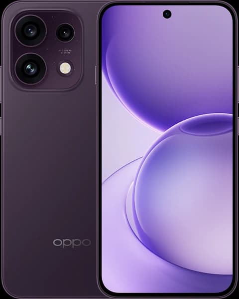 Oppo Reno 16F Twilight Violet Oppo Reno 16F in Twilight Violet, front and back view
