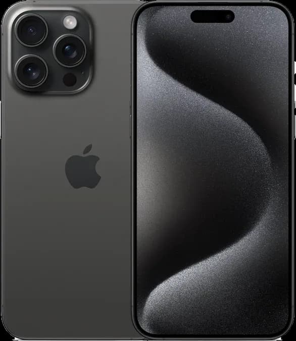 iPhone 15 Pro Max Black Titanium iPhone 15 Pro Max in Black Titanium, front and back view