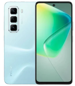 Infinix Hot 50 pro in Glacier Blue color front and back design with AMOLED display with 120 Hz refresh rate and 50 MP+ 2 MP camera