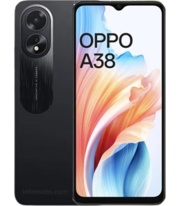 Glowing Black OPPO A38 smartphone with modern front display and stylish dual camera back panel