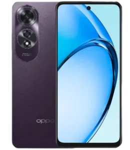 OPPO A60 in elegant Midnight Purple color, highlighting both front display and rear camera layout