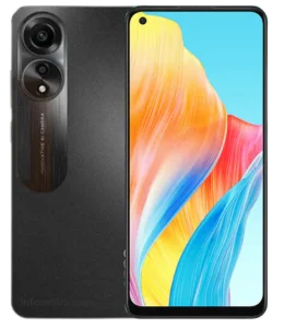 Front and back view of OPPO A78 in Mist Black featuring vibrant screen and dual rear cameras
