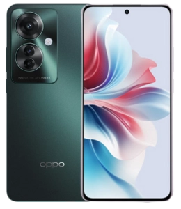 OPPO Reno 11F 5G in Palm Green showing front display and rear camera design